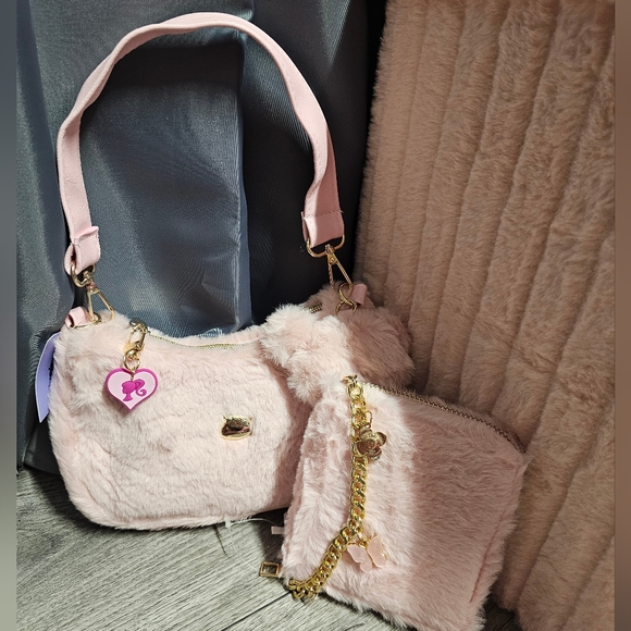 Pink Soft Fur Plush Shoulderbag Handbag With Fur Pom Pom Bag Charm - Picture 2 of 10